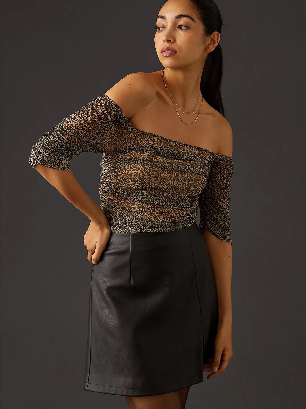 Anthropologie Mesh Shirred Leopard Top Medium